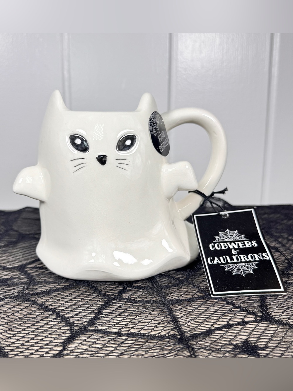 NEW Cobwebs & Cauldrons Ghost Cat Halloween Mug